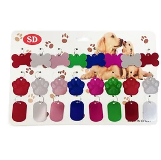 PLACA FORMA DE HUESO Y HUELLA PARA MASCOTA, DIFERENTES COLORES