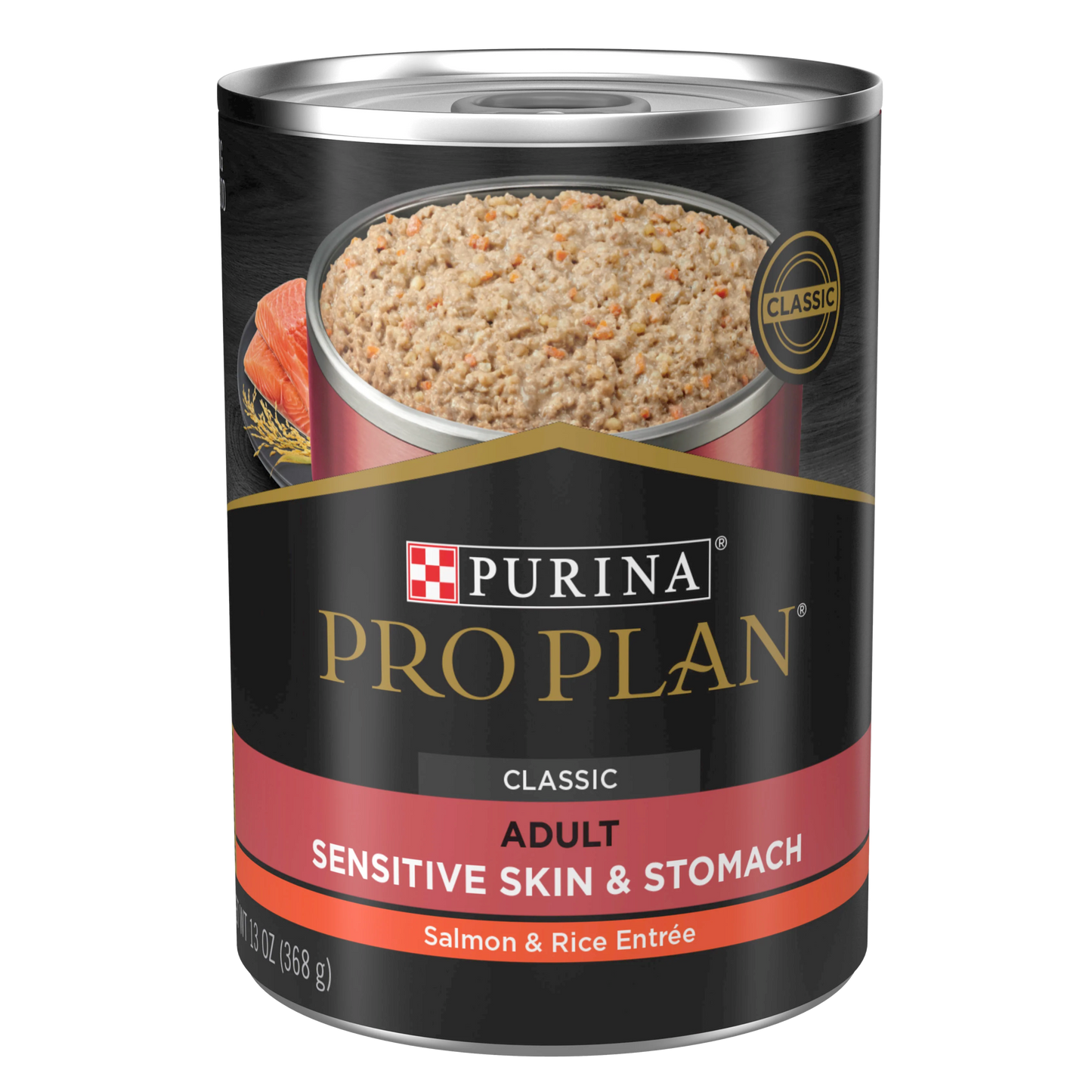 ALIMENTO HÚMEDO EN LATA PRO PLAN CLASSIC SENSITIVE SKIN & STOMACH PARA PERROS ADULTOS DE PIEL Y ESTOMAGO SENSIBLES RECETA SALMÓN Y ARROZ 368 GR