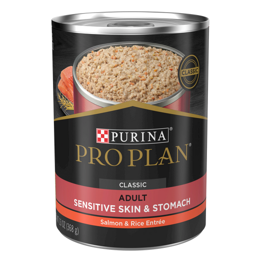 ALIMENTO HÚMEDO EN LATA PRO PLAN CLASSIC SENSITIVE SKIN & STOMACH PARA PERROS ADULTOS DE PIEL Y ESTOMAGO SENSIBLES RECETA SALMÓN Y ARROZ 368 GR