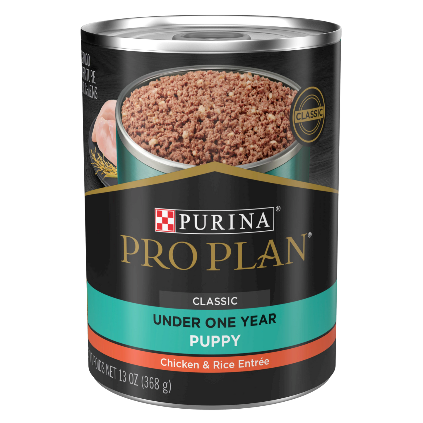 ALIMENTO HÚMEDO EN LATA PRO PLAN CLASSIC UNDER ONE YEAR PUPPY PARA PERROS CACHORROS MENORES A 1 AÑO RECETA POLLO Y ARROZ 368 GR