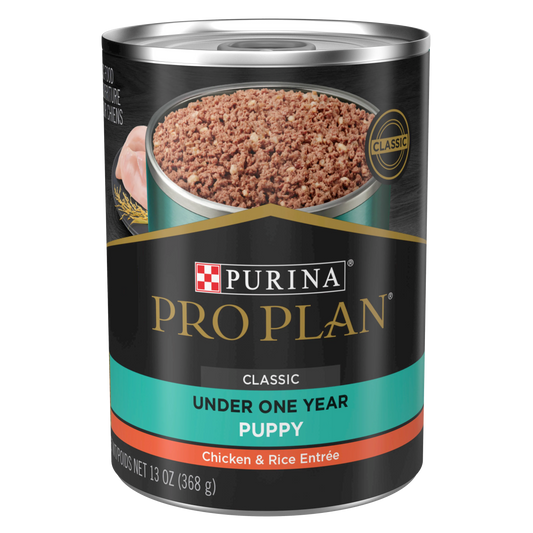 ALIMENTO HÚMEDO EN LATA PRO PLAN CLASSIC UNDER ONE YEAR PUPPY PARA PERROS CACHORROS MENORES A 1 AÑO RECETA POLLO Y ARROZ 368 GR