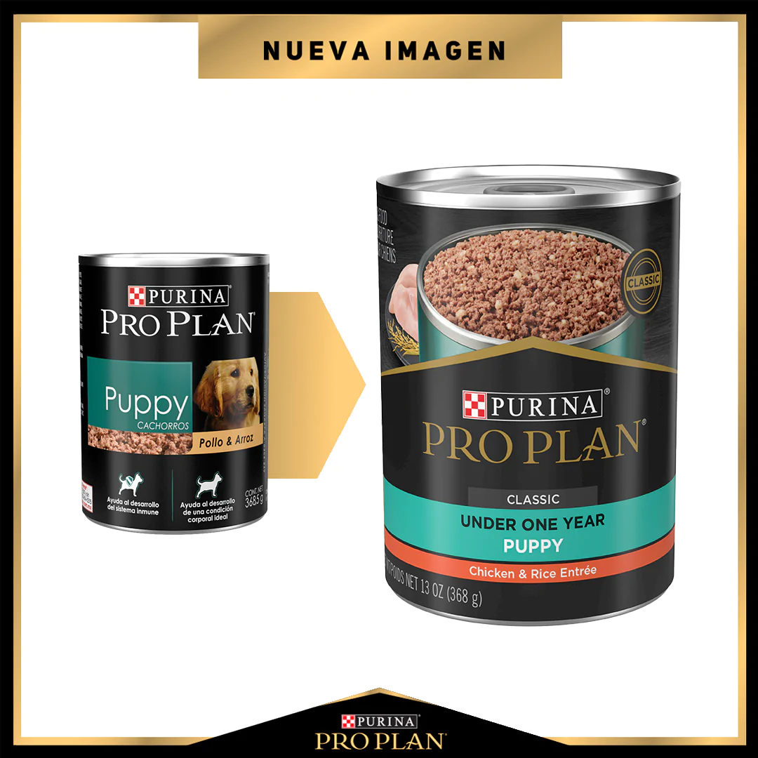 ALIMENTO HÚMEDO EN LATA PRO PLAN CLASSIC UNDER ONE YEAR PUPPY PARA PERROS CACHORROS MENORES A 1 AÑO RECETA POLLO Y ARROZ 368 GR