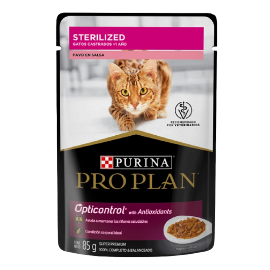 ALIMENTO HÚMEDO EN SOBRE PURINA PRO PLAN PARA GATOS ADULTOS ESTERILIZADOS RECETA PAVO EN SALSA 85 GR