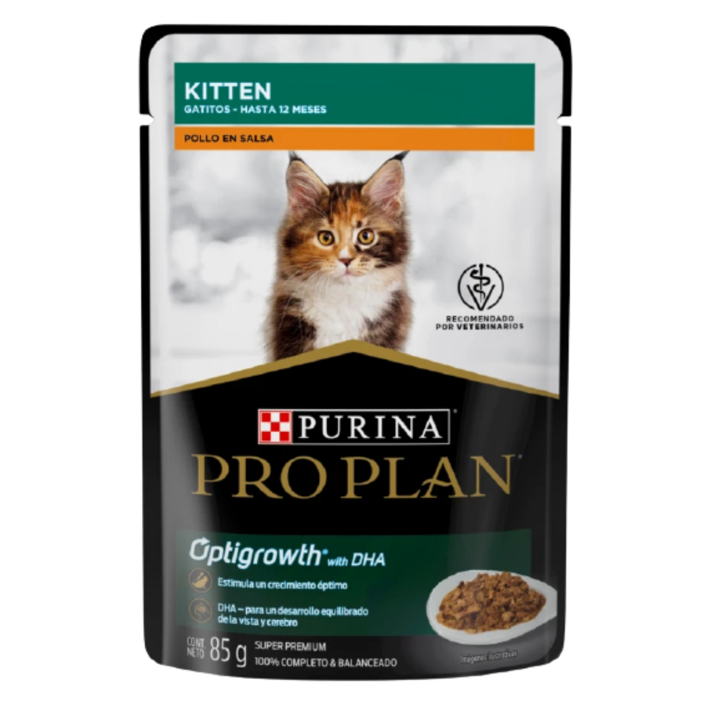 ALIMENTO HÚMEDO EN SOBRE PURINA PRO PLAN PARA GATITOS OPTIGROWTH RECETA POLLO EN SALSA 85 GR