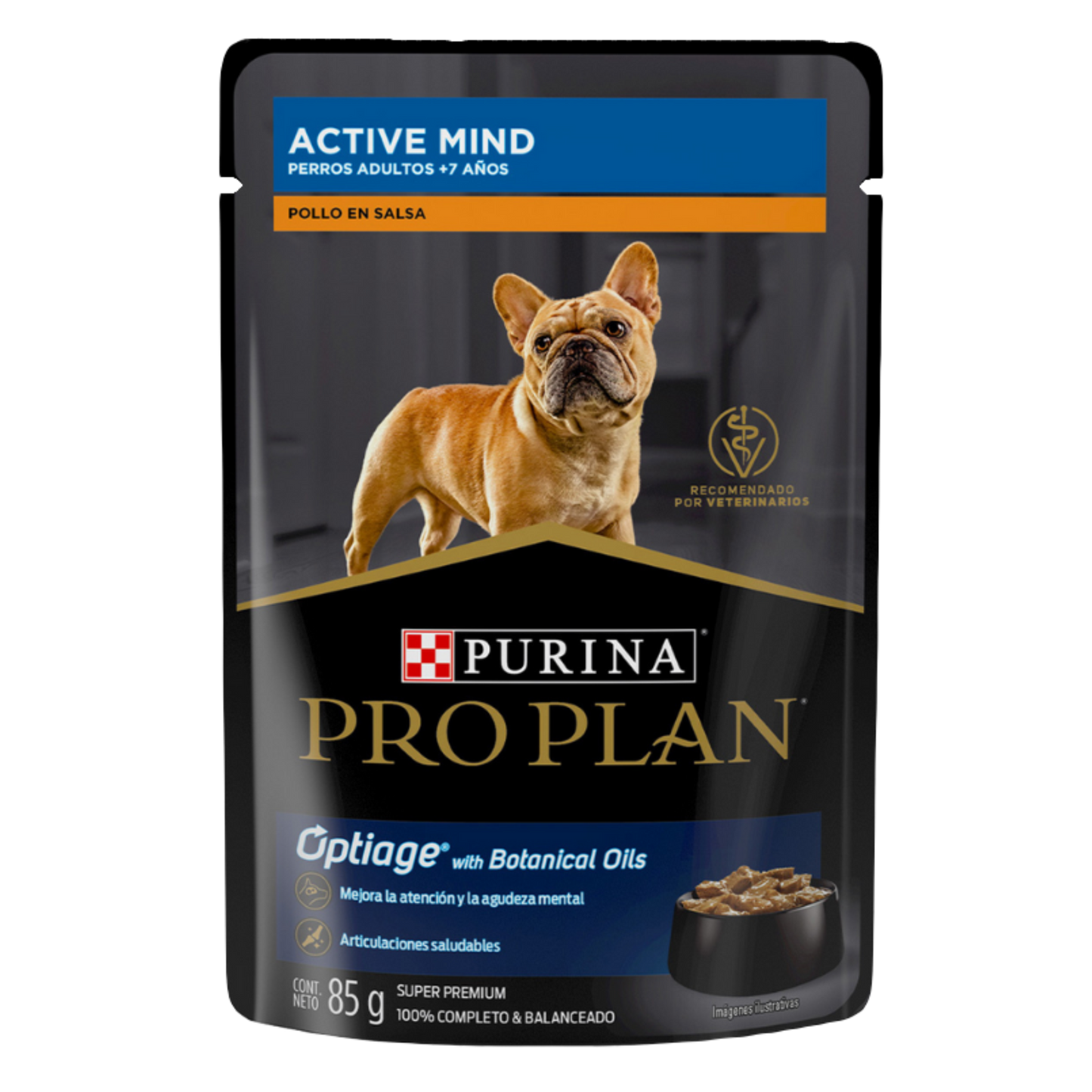 ALIMENTO HÚMEDO EN SOBRE PURINA PRO PLAN ACTIVE MIND PARA PERROS SENIORS DE EDAD AVANZADA OPTIAGE RECETA POLLO EN SALSA 85 GR