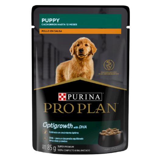 ALIMENTO HÚMEDO EN SOBRE PURINA PRO PLAN PARA PERROS CACHORROS OPTIGROWTH RECETA POLLO EN SALSA 85 GR