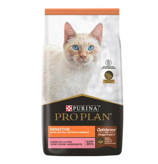 ALIMENTO PRO PLAN SENSITIVE PARA GATOS ADULTOS DE PIEL Y ESTOMAGO SENSIBLES OPTIDERMA CON CARNE DE SALMÓN 3 KG